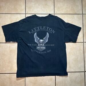 Vintage Y2K Harley Davidson Black Graphic T-Shirt Littleton,NH Mens XL Faded